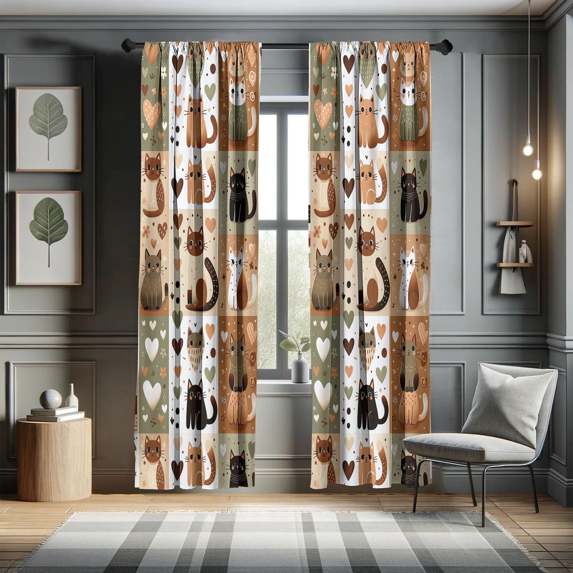 ABAKUHAUS Cats Curtains, Modern Scandi Pattern of Kitten Love with Romantic Hearts Cartoon Design, Window Treatments 2 Panel Set for Living Room Bedroom, 150x175 cm, Ginger Olive Green White