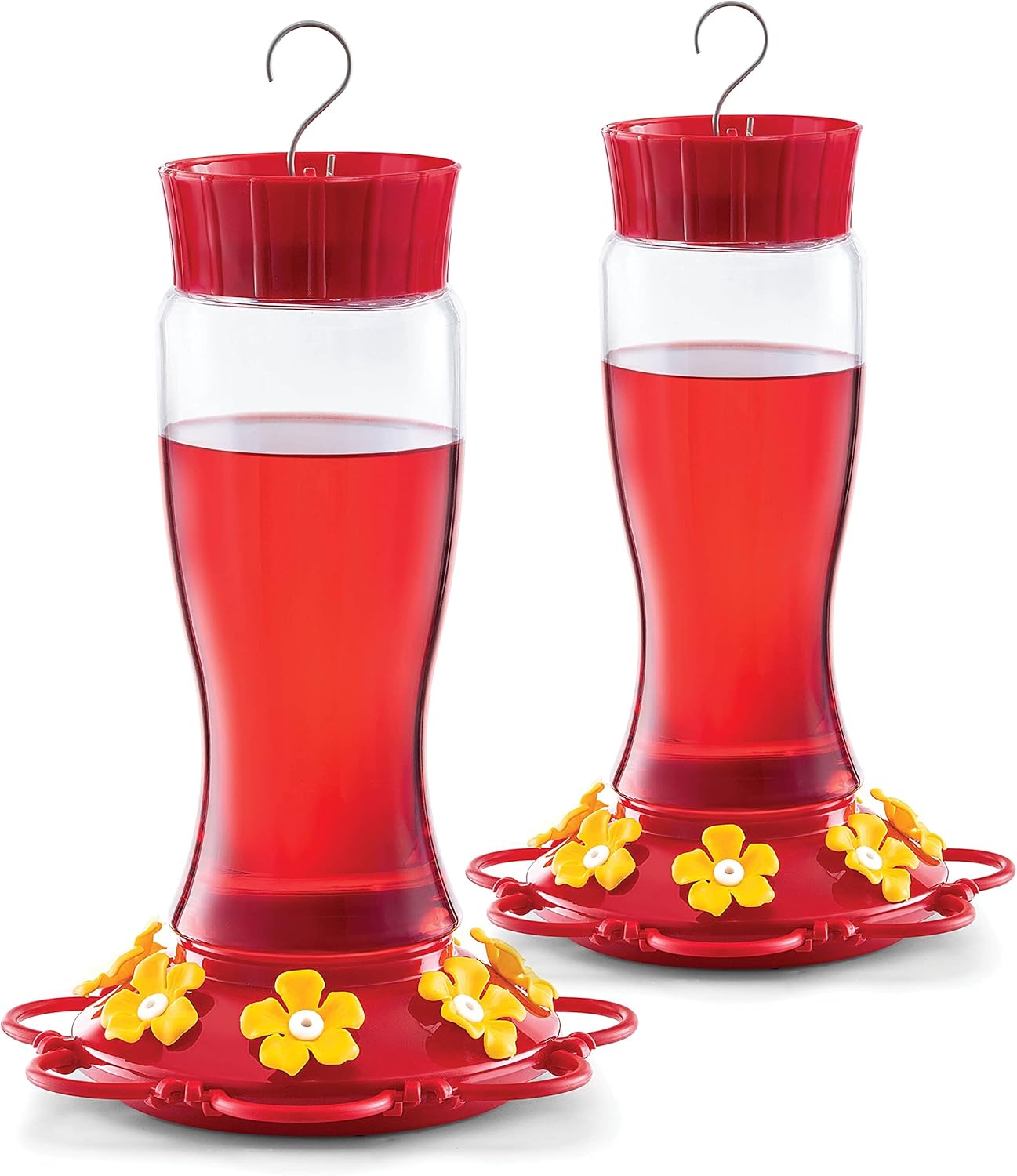Backyard Birding & Wildlife - Hummingbird Feeder 30 oz [Set of 2] Plastic Hummingbird Feeders for Outdoors - With Built-in Ant Guard - Circular Perch With 7 Feeding Ports - Wide Mouth for Easy Filling/2 Part Base for Easy Cleaning