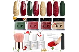 AZUREBEAUTY Christmas Dip Powder Nail Kit, 4 Colors Red Green Gold Glitter Dipping Powder System Liquid Set Recycling Tray, French Nail Art Base & Top Coat Activator DIY Salon.