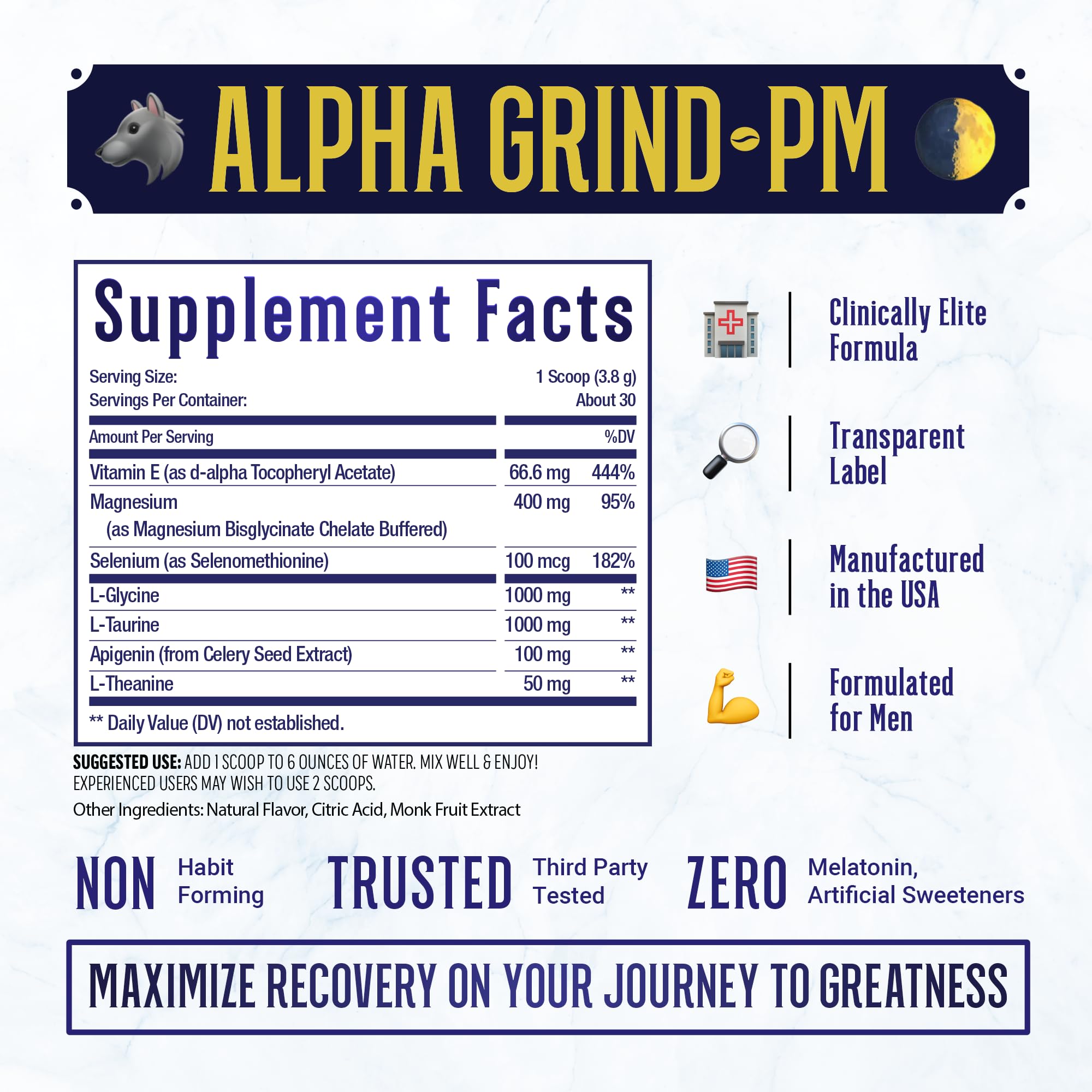 Advanced Sleep Supplement for Men, Nootropic Night Time Burner & Anabolic Recovery, Natural Sleep Aid with Magnesium Glycinate, Apigenin, Selenium - Vanilla Flavor | Alpha Grind PM