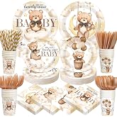Widecook 450 Pcs Bear Baby Shower Tableware Set, Serve 50, Brown | We Can Bearly Wait Paper Plates Napkins Cups Cutlery Straws for Boho Gender Neutral Reveal Birthday Party Supplies