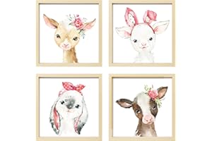 ArtbyHannah Framed Nursery Wall Decor, 10x10 inch Adorable Animal Prints Baby Wall Art with Wood Picture Frames for Kids Playroom Decoration (4 Pack, Deer, Lamb, Rabbit, Donkey)