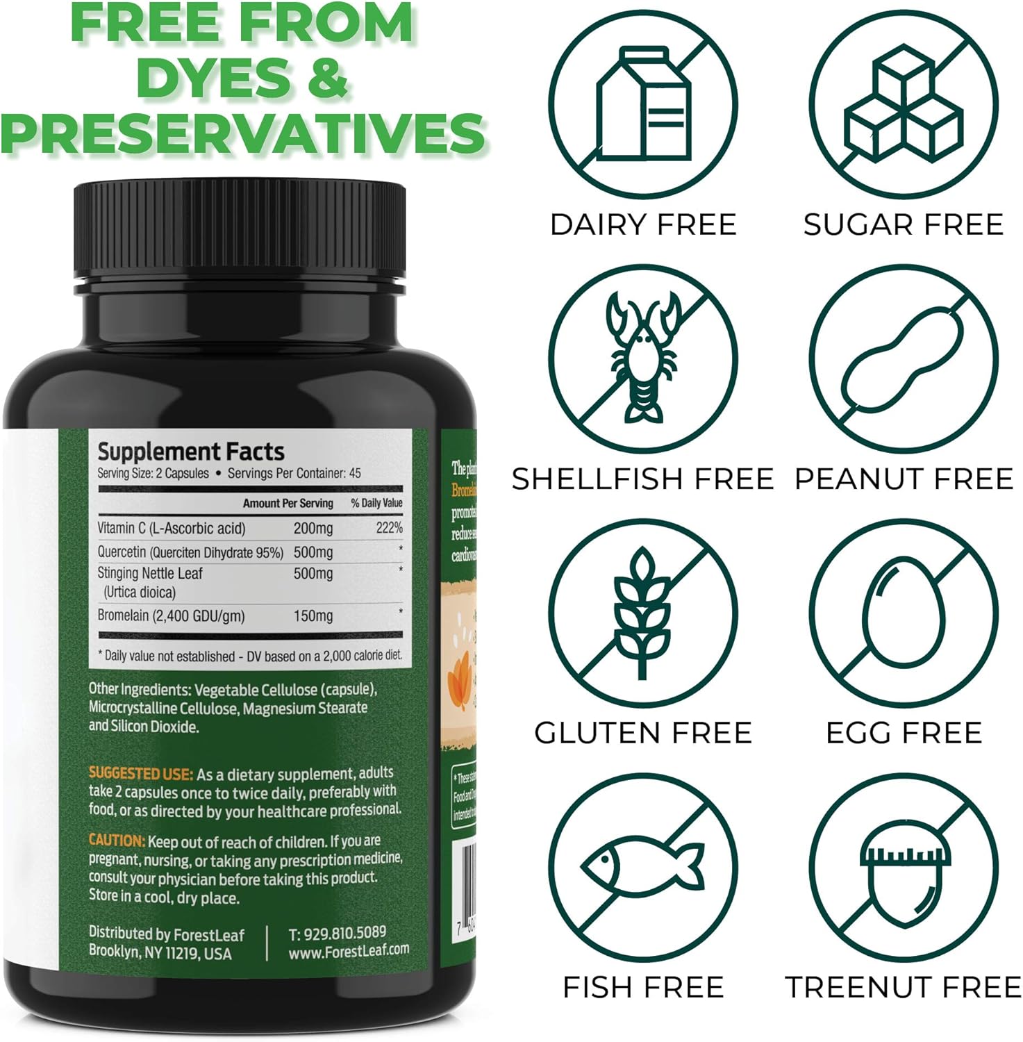 Advanced Sinus and Allergy Supplement – Quercetin Bromelain with Stinging Nettle and Vitamin C – 90 Natural Vegetable Capsules – Non GMO, Dairy, Gluten, Egg and Nut Free - by ForestLeaf: Health & Personal Care