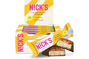 N!CK'S Nick’s Chocolate Caramel Protein Bars – 12-Count Box | High Protein, Low Calories, Low Carbs, Keto Friendly, No Added Sugar