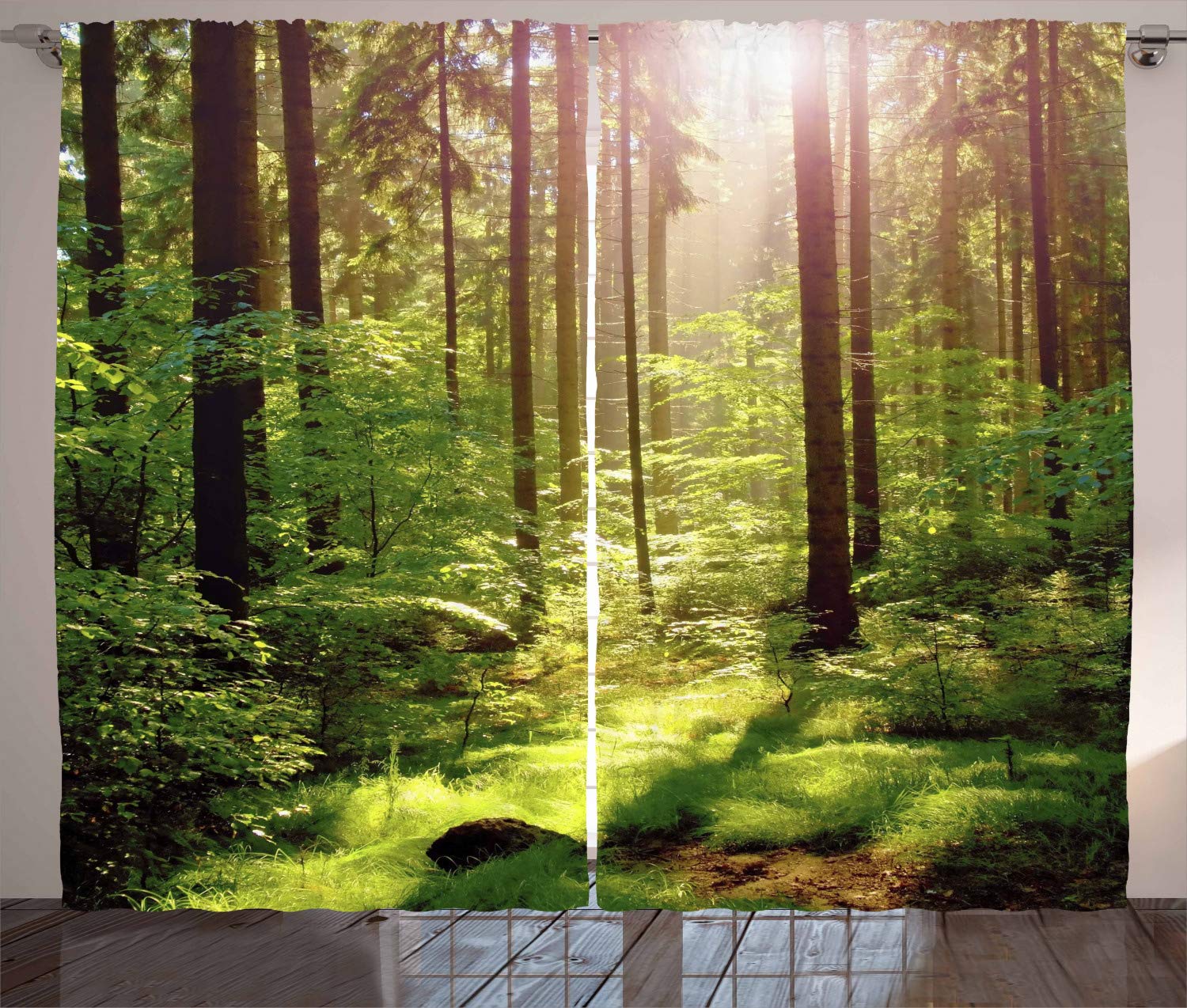 ABAKUHAUS Forest Curtains, Forest in Spring Time Sunset Moss Woods Leaf Wilderness Fantasy View Print, Living Room Bedroom Window Drapes 2 Panel Set, 280 x 260 cm, Brown Green