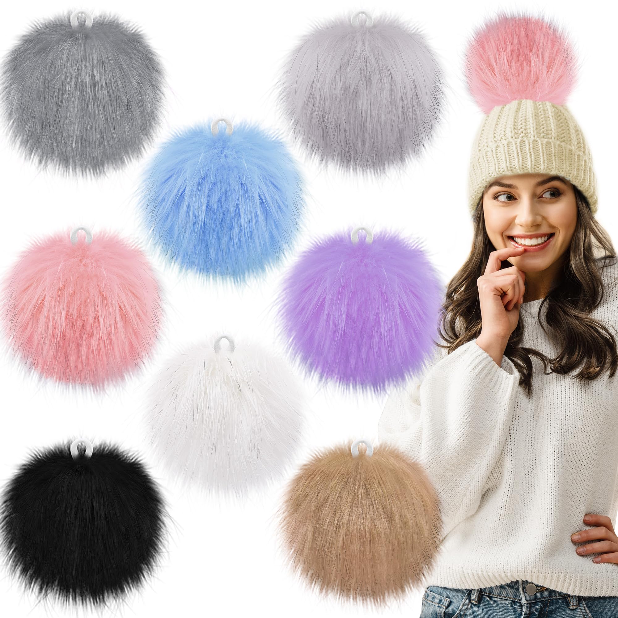 SIQUK 8 Pieces 6 Inch Large Faux Fur Pom Pom 15cm Faux Fox Fur Fluffy Pompoms with Elastic Loop for DIY Crafts Hats Beanies Keychain Scarves Bags, Bright Colour