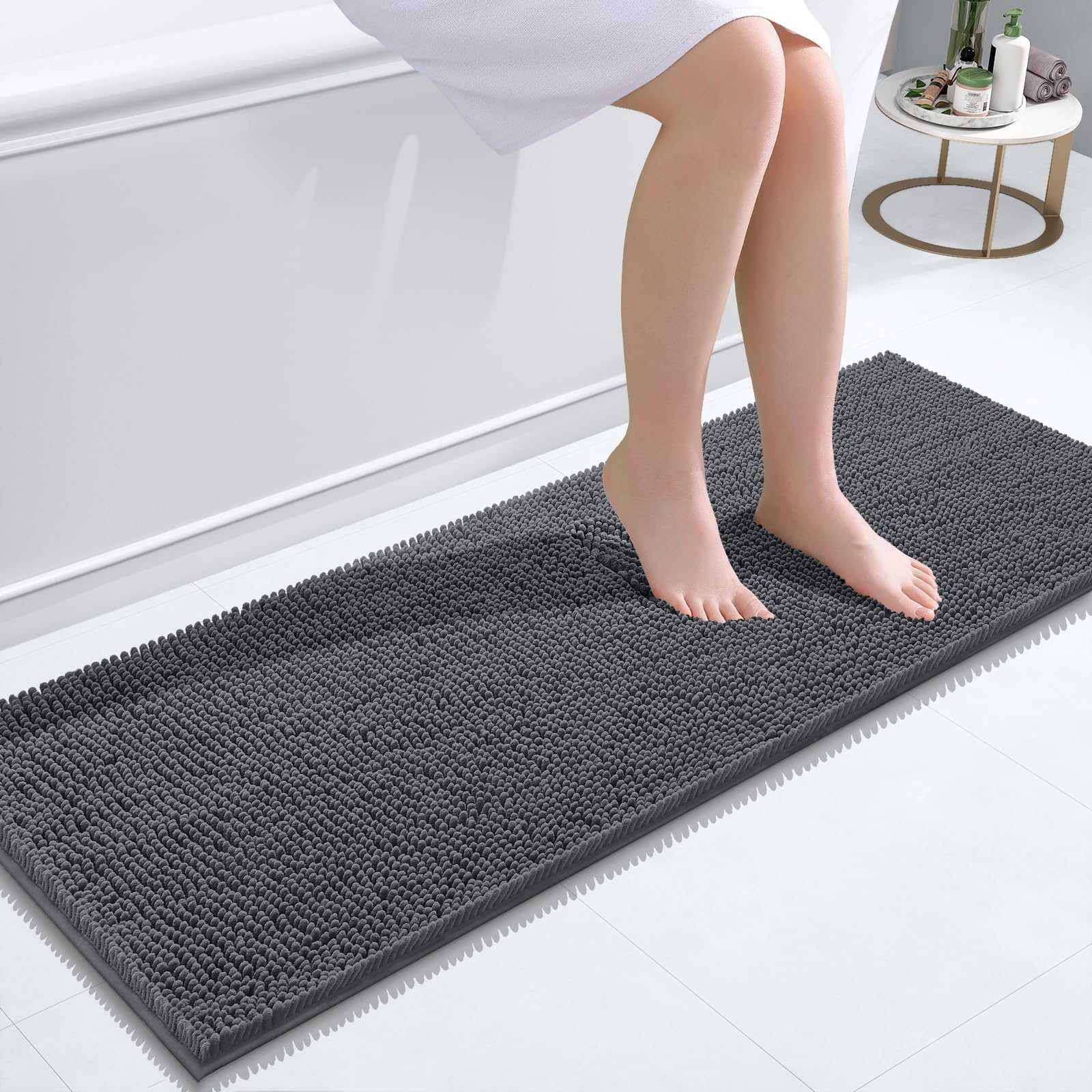 smiry Chenille Bath Mat, 40 x 120 cm, Non-Slip Super Absorbent Bathroom Mat Extra Soft Fluffy Bath Mats for Bathroom Thick Machine Washable Floor Mats Rugs Runner, Dark Grey