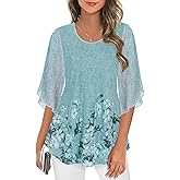 Ninedaily Women's Tops 3/4 Sleeve Blouses Dressy Casual Double Layers Mesh Tunic Shirts