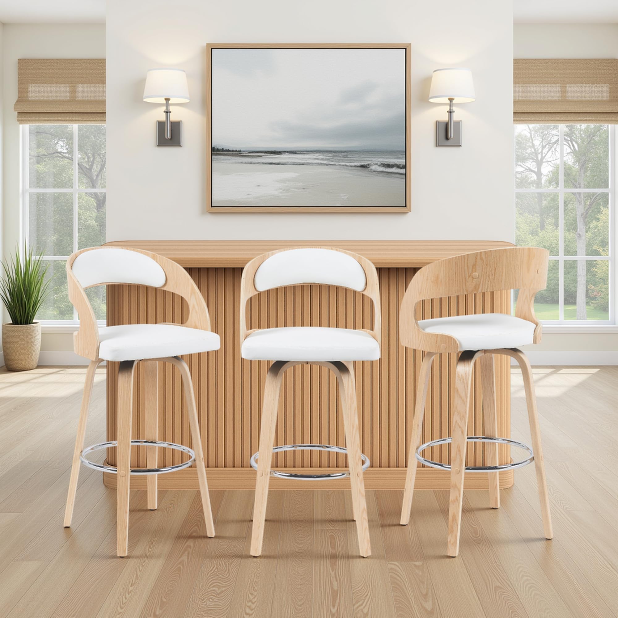 Armen Living Shelly Modern Bar Height Swivel Stool in Patterned Oak Finish with White Faux Leather Upholstered Seat Image Armen Living Shelly Modern Bar Height Swivel Stool in Patterned Oak Finish with White Faux Leather Upholstered Seat Image