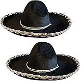 GiftExpress 2 Pack Black Mariachi Sombrero Hat with Silver Trim, Sombrero for Cinco de Mayo, Halloween Costume, Mexican Fiesta Costume