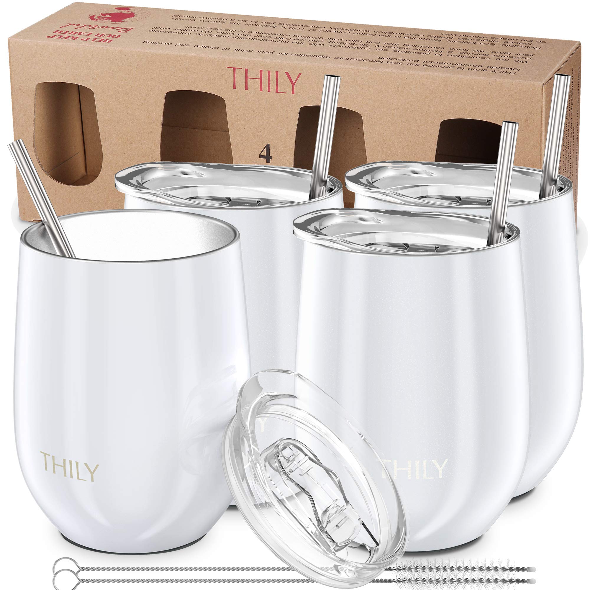THILY Stainless Steel Insulated Wine Tumbler 4 Pack Stemless Wine Glasses Set with Splash-Proof Lids, Metal Straws, Reusable, Keep Cold for Coffee, Drinks, Pearl White