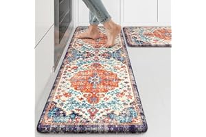 KIMODE Anti Fatigue Kitchen Mat, Boho Vintage Kitchen Rugs Sets of 2, Cushioned Non-Slip Kitchen Mats for Floor, Comfort Kitchen Floor Mats for Sink, Laundry, Desk Orange/Purple,17"x47"+17"x29"