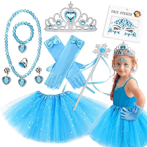 Edmirfun Princess Costume Set for Girls, Ice & Sapphire, Complete with Tiara, Wand, Jewellery, Tutu, Perfect for Parties & Dress-Up Play