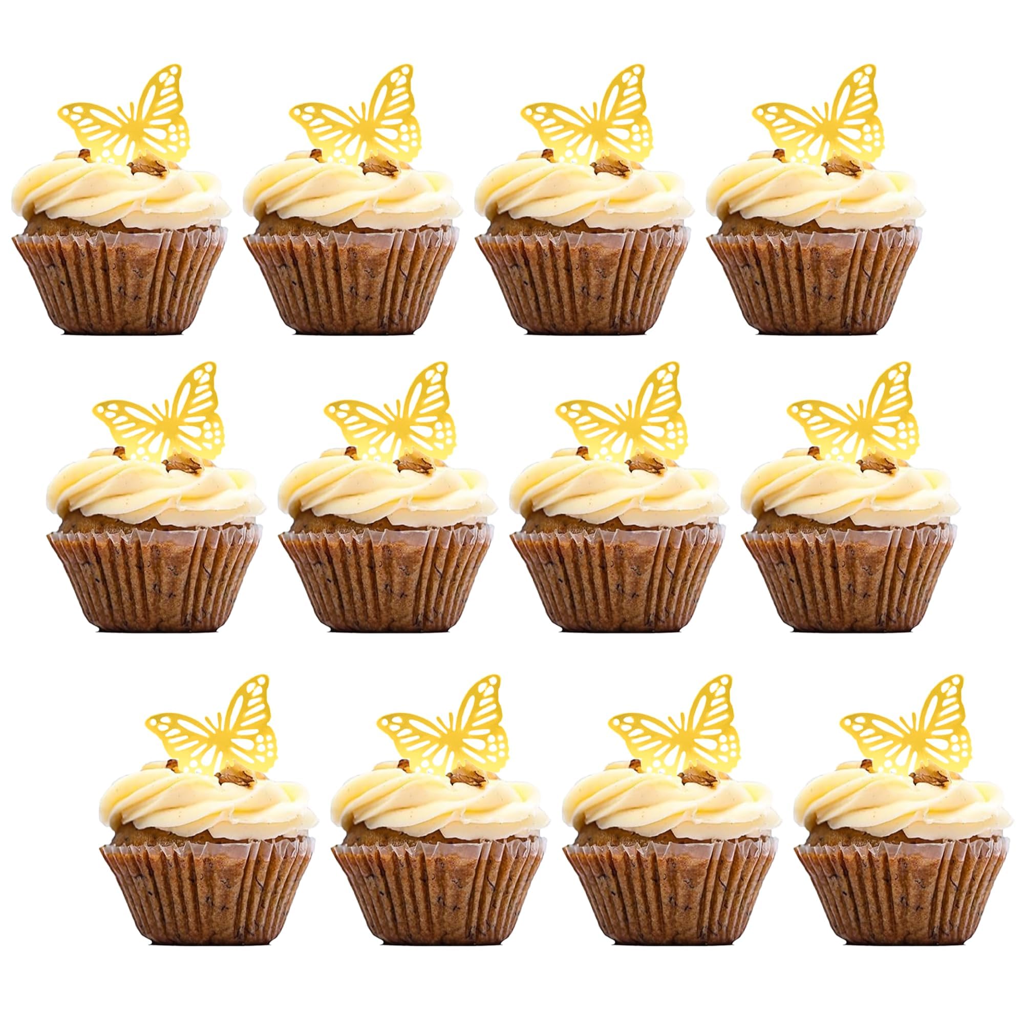 Photo 1 of 12PCS 3D Golden Paper Butterfly Cupcake Toppers, Exquisite Butterfly Cake Decorations, wedding & birthday party Decoration
