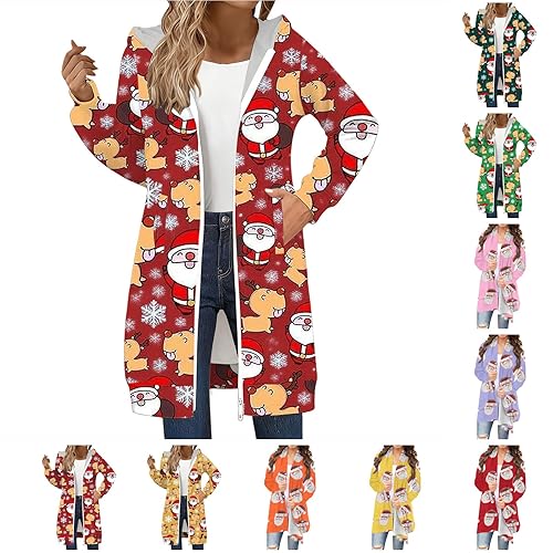 DUHGBNE ladies longline christmas jumpers Christmas Cardigans for Women Uk Xmas Theme Print Santa&Reindeer Hoodies Full Zip Long Sleeve Hooded Long Casual cat jumper