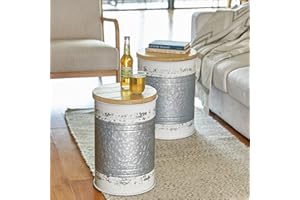 Glitzhome Nesting Tables for Living Room, Round Coffee Table Set of 2, Metal Farmhouse Small Accent End Table with Storage and Lid for Bedroom Office Plant Stander, Distressed White