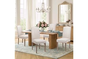 SNUGWAY Upholstered Dining Chair Stylish Parsons Kitchen High Back with Silver Nailhead Trim & Wood Legs, 4-Pack, Fabric Beige