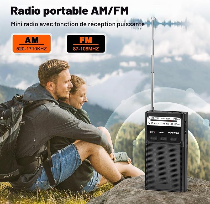 Petite Radio, Radios AM/FM, Radios de Poche avec Clip Arrière, Radio Portable avec Batterie Rechargeable Intégrée, Radio Avec Emplacement pour Carte TF, Prise Casque 3.5MM et Fonction Lumineuse.（Noir） — photo 2 sur 7