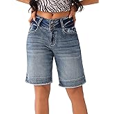 roswear Women's Stretchy Wide Leg High Waisted Frayed Hem Long Jean Shorts