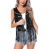 FEOYA Sequin Fringe Vest Jackets for Women Sparkly Shiny Glitter Tops Cowgirl Disco Shirt Tassel Cardigan Western Outfit