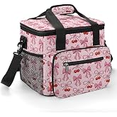 Pink Bow Insulated Lunch Bag, Leakproof Waterproof Lunch Box, Portable Reusable Cooler Bag with Adjustable Shoulder Strap, Soft Cooler Cooling Tote for Beach Picnic Camping Travel,13.5L