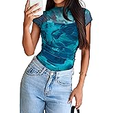 Glamaker Womens Summer Floral Lace Tops Cap Sleeve Turtle Neck Mesh Sheer Shirts Ruched Going Out Plaid T-Shirt 2026