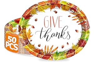 QZYL 50 Pcs Thanksgiving Plates, 12.2 × 10.2 Inches Oval Thanksgiving Paper Plates, Maple Designs Disposable Fall Dinnerware, Heavy Duty Autumn Platters for Harvest Party Supplies Decorations