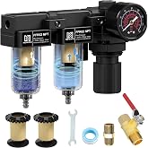 NEWPO 1/4" NPT Air Compressor Filter Regulator with Gauge,Air Drying System with Semi-Auto Drain, Metal Bracket,5＆5 Micron Filter Cartridge (Black)