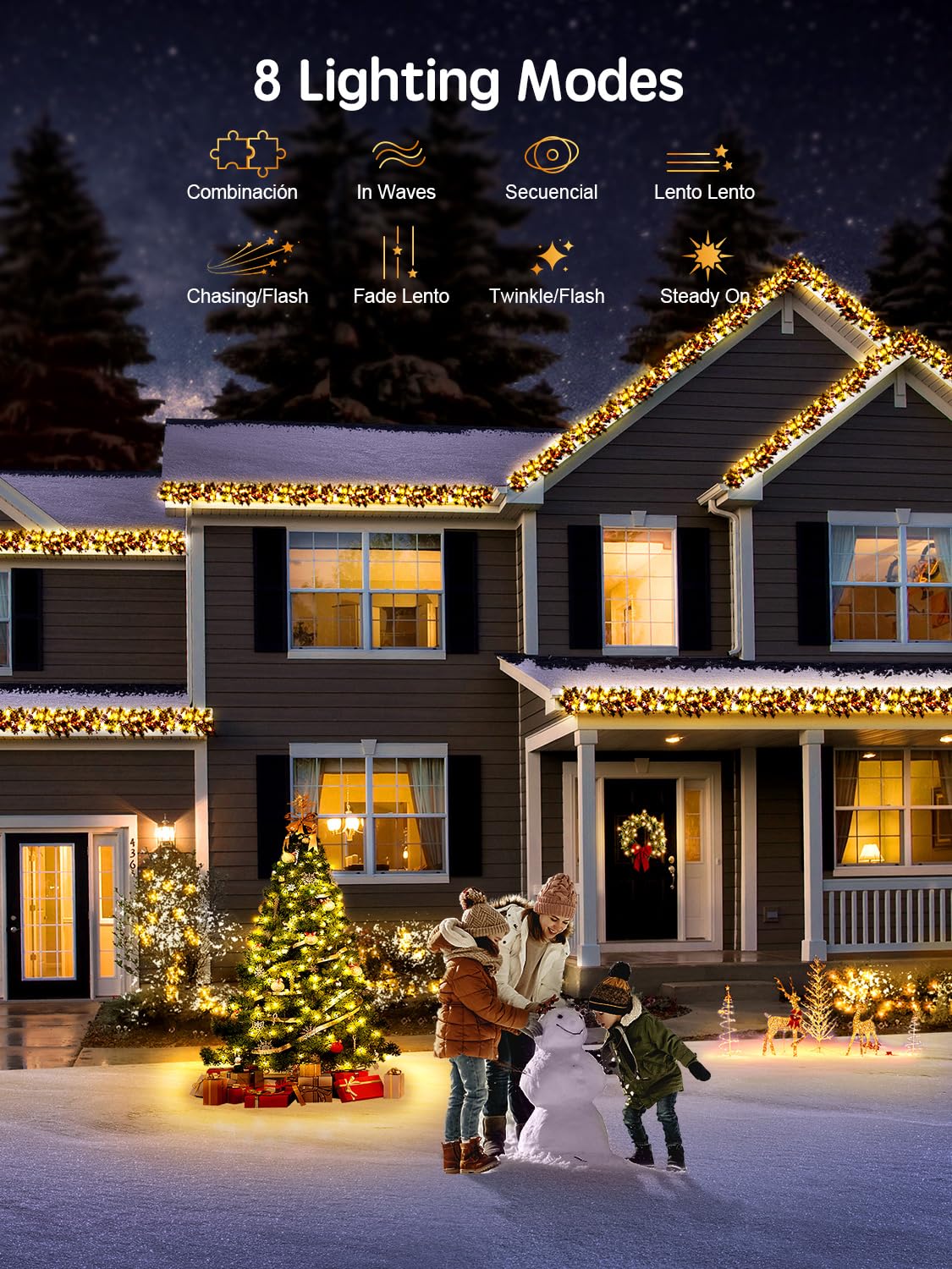 ARKOCHIC 35M Fairy Light Outdoor Christmas Lights, 300 LED Warm White Christmas Tree Lights, IP65 Waterproof 8 Modes Memory Linkable Cluster Light Indoor Outside Decorations/Garden(No Remote)