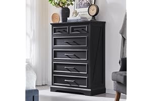 ACCOHOHO 6 Drawer Dresser, Farmhouse Chest of Drawers for Bedroom, 44" Tall Kids Dresser with Large Metal Handles, Wood Drawer Organizer for Living Room, Hallway, Closet - Black