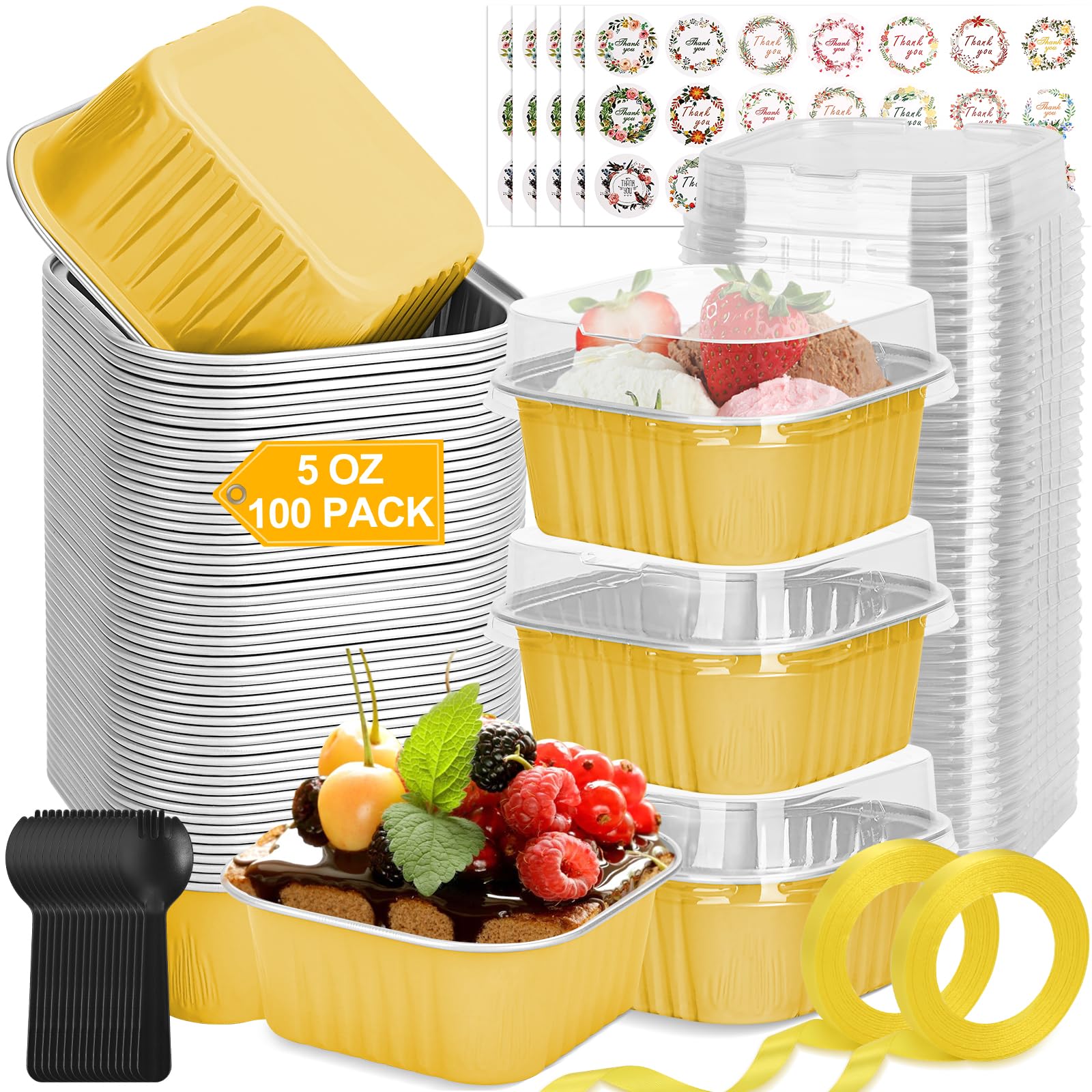 Photo 1 of 100 Pack Mini Cake Pans with Lids and Spoons, 5oz Square Aluminum Foil Loaf Pans Gold Small Cake Tins Disposable Baking Pans Dessert Cupcake Cups with Ribbon Decals for Wedding Birthday Party Picnics