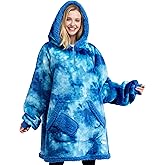 Giggling Getup Wearable Blanket Hoodie for Adults Gifts for Teen Girls Sister Women Sherpa Fleece Printed Hooded Blanket Sweatshirt Warm Cozy with Pocket & Sleeves Dark Blue Tie Dye