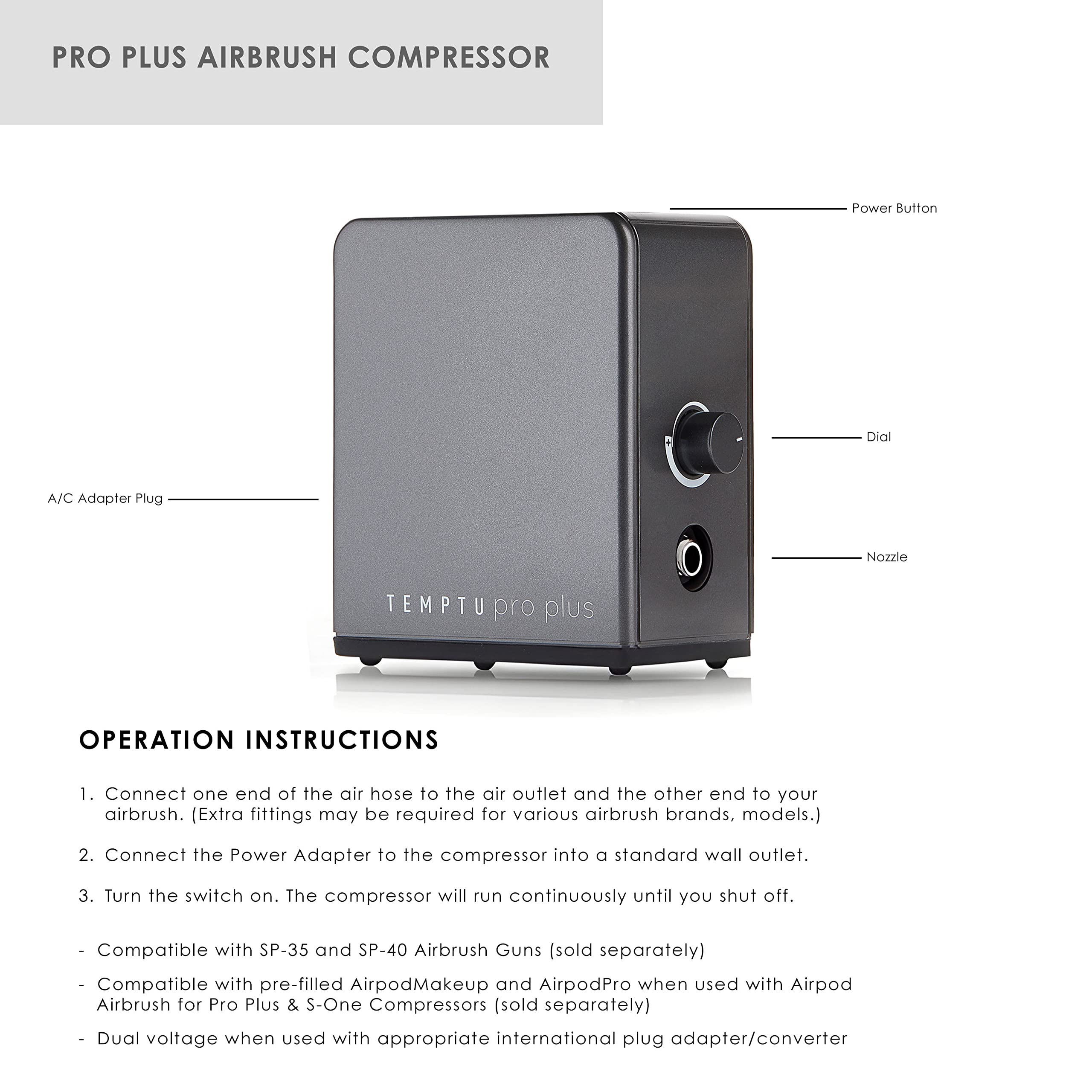 TEMPTU Pro Plus Versatile, Professional Dual-Action Airbrush Compressor For Beauty & Light Body Work | Lightweight & Travel-Friendly