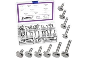 Swpeet 50Pcs 10 Sizes M5 M6 T Slot Drop-in Bolt Assortment Kit, Stainless Steel Thread T Slot Bolts, Hammer Head Bolt, T-Bolt, T Track Bolts, T Shape Stud Sliding Screw for Universal T Track