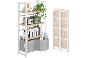 4NM No-Assembly Folding Bookshelf Storage Shelves 4 Tiers Vintage Bookcase Standing Racks Study Organizer Home Office (Natural and White)