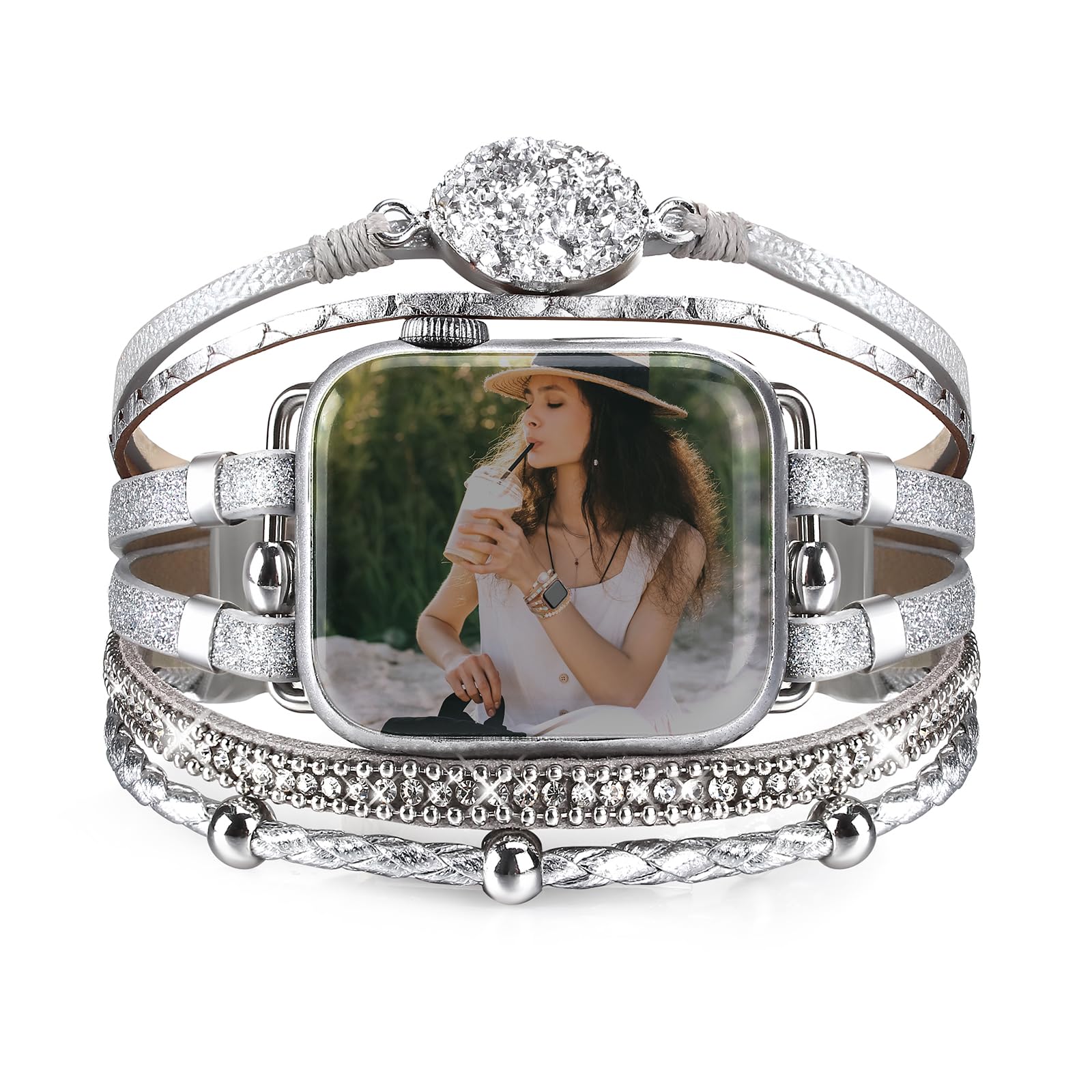 CHARMINGO Boho Beaded Bracelet Compatible with Apple Watch Band Women 38mm 40mm 41mm Series 10 9 8 7 6 SE Ultra 2 - Leather Cute Wrap Apple Watch Strap for iWatch Band Series 5 4 3 2 1, Silver