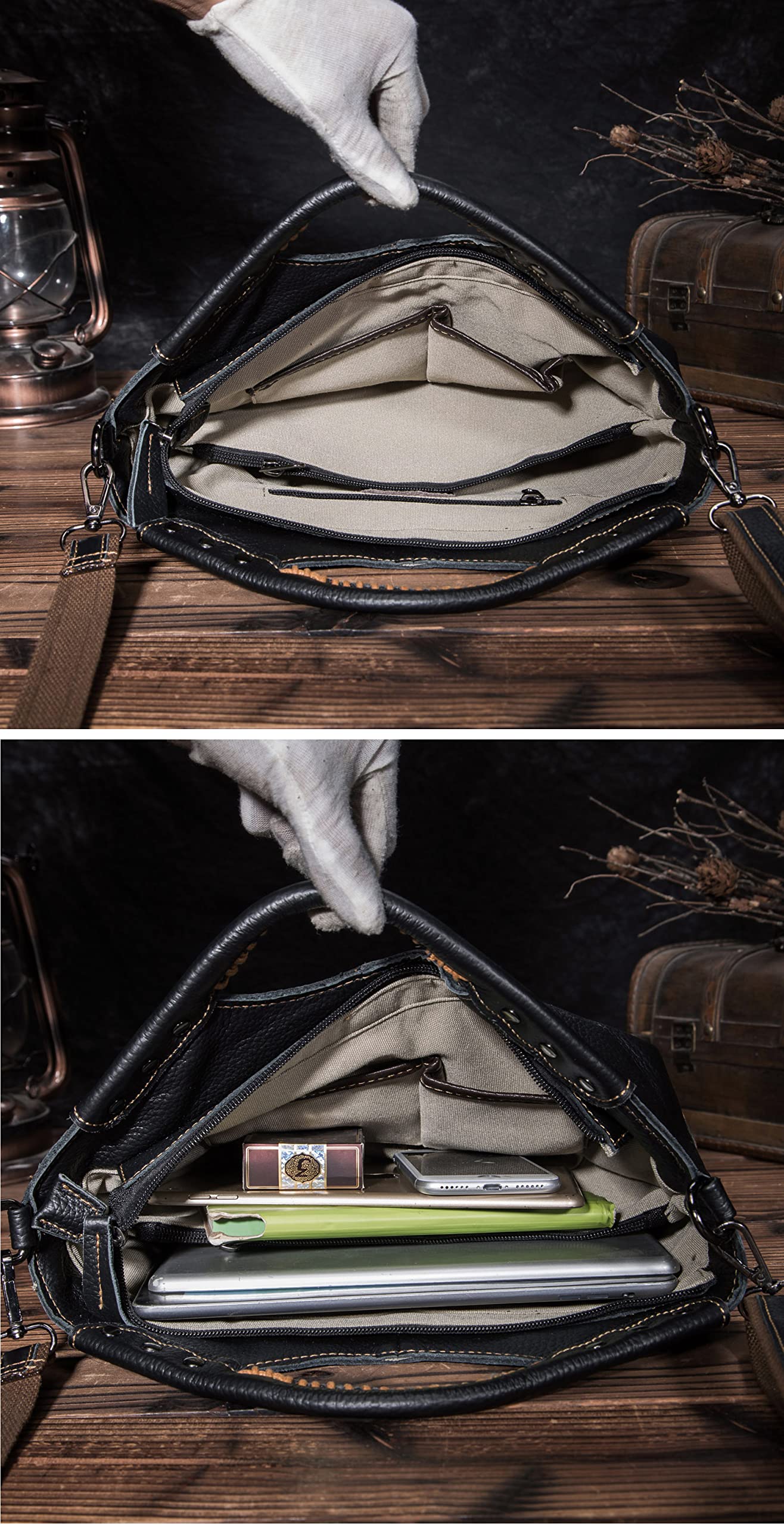 Le'aokuu Womens Genuine Real Leather Vintage Shoulder Handbags Crossbody Messenger Tote Bag Satchel Purse (Black)