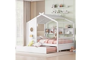Linique Wooden Full Size House Bed with Trundle and Storage Shelf,Modern Design Full Platform Bed Frame with Pitched Roof,White