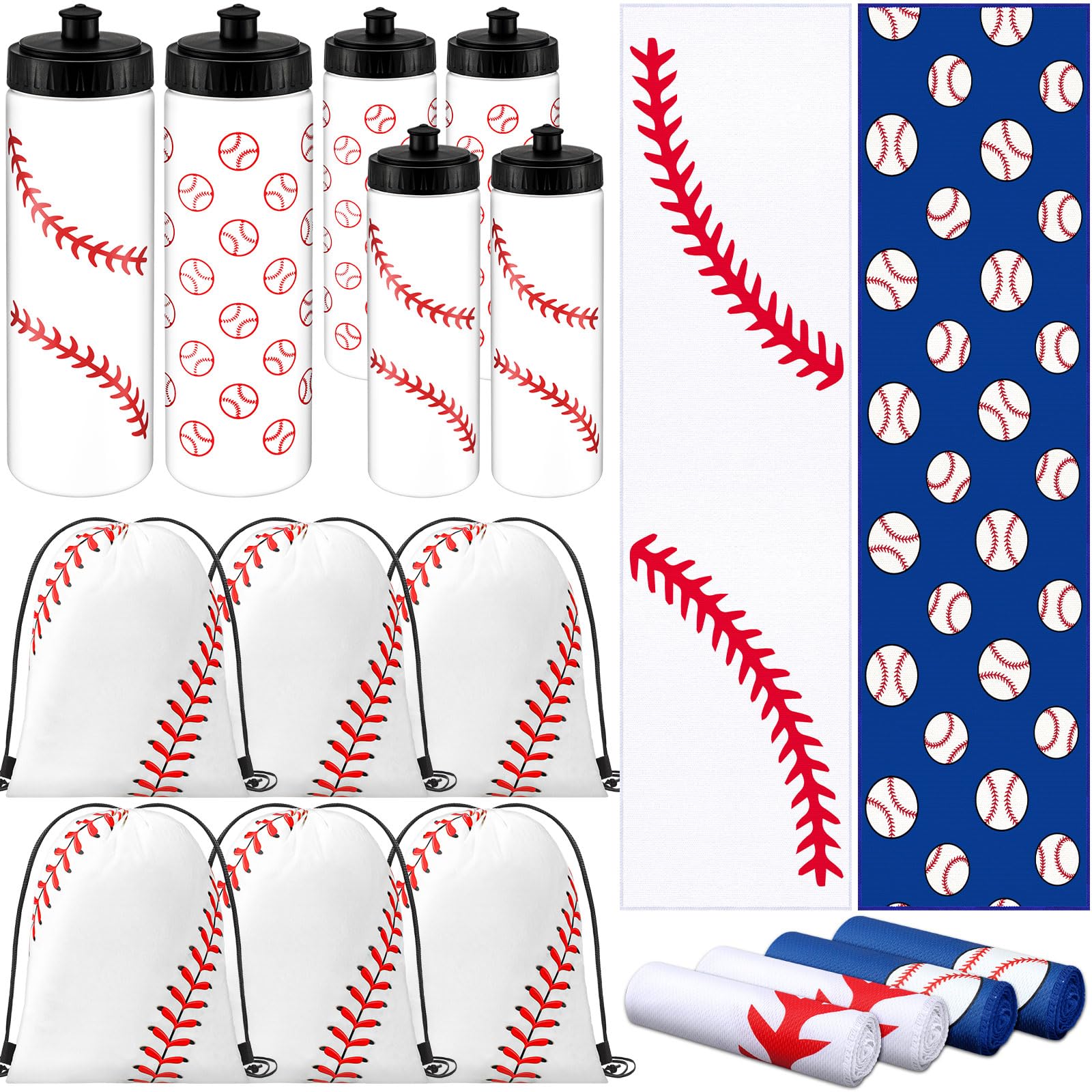 Photo 1 of 18 Pcs Sports Party Favors Basketball Soccer Water Bottle Baseball Softball Cooling Towel 6 Sports Water Bottle 6 Ice Towel 6 Drawstring Bag Football Volleyball Towel for Team Gift