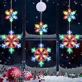 Sakayo [Timer] Christmas Window Decorations, 3 Pack Snowflake Christmas Window Lights with Suction Cup, Hanging LED Battery Operated Xmas Lights Indoor for Xmas Tree Fireplace Home Party Decor