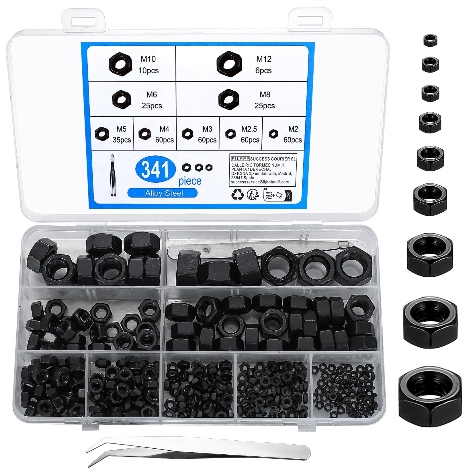 341 Pcs Hex Nut Assortment Set, Self-Locking Lock Nuts, Captive Nut, alloy steel Anti-Loose Locknuts, Screwnuts for M2/M2.5/M3/M4/M5/M6/M8/M10/M12 — image 1