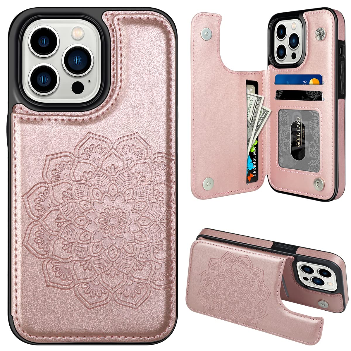 MMHUO for iPhone 14 Pro Case with Card Holder,Flower Magnetic Buttons Protective Wallet Case for Women for iPhone 14 Pro,Rose Gold