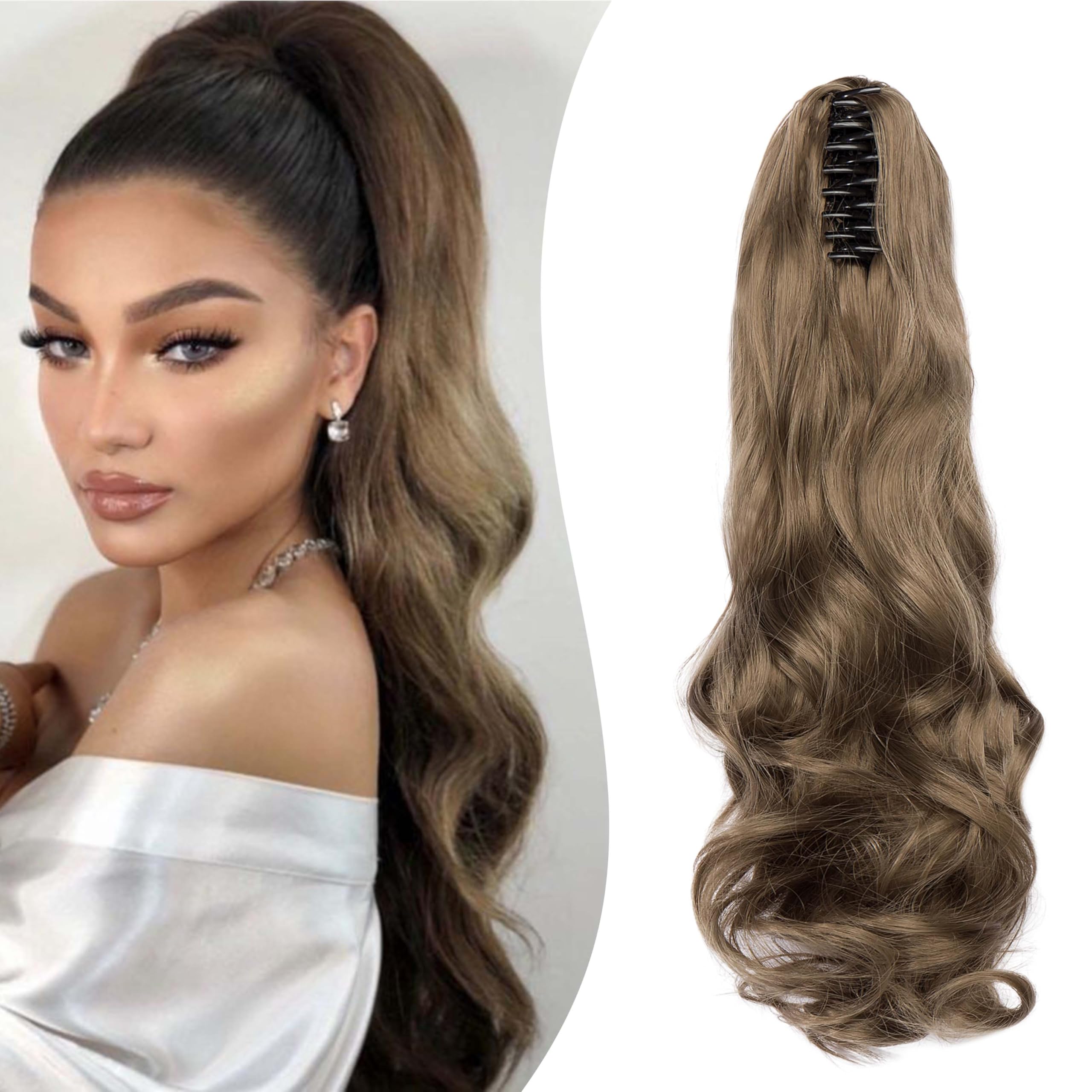 Gairyan 20inch Ponytail Extension Clip in Ponytail Hair Extensions Curly Wavy Pony Tails Claw on Ponytail Long Wave Synthetic Hairpieces for Women Soft Real Look (Ash Blonde)