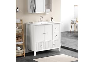 RoyalCraft 36.2'' Bathroom Vanity with Ceramic Sink Combo Set, Modern Wood Bathroom Cabinet with Soft Closing Doors and Fluted Drawers, Free Standing Storage Cabinet, White