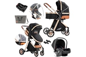 Nine point nine 3 in 1 Baby Stroller Travel System Combo Set, Reversible Infant Stroller with Aluminum Frame, Convertible Toddler Newborn Pram Carriage of One-Click Folding (UDV9-BLACKGOLD with Base)