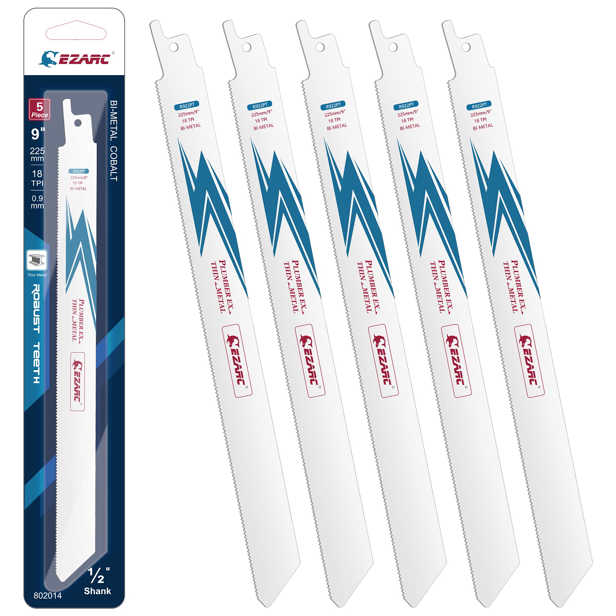 EZARC Reciprocating Saw Blade Bi-Metal Cobalt Sabre Saw Blades for Thin-Medium Metal Cutting 225mm 18TPI R922PT (5-Pack)
