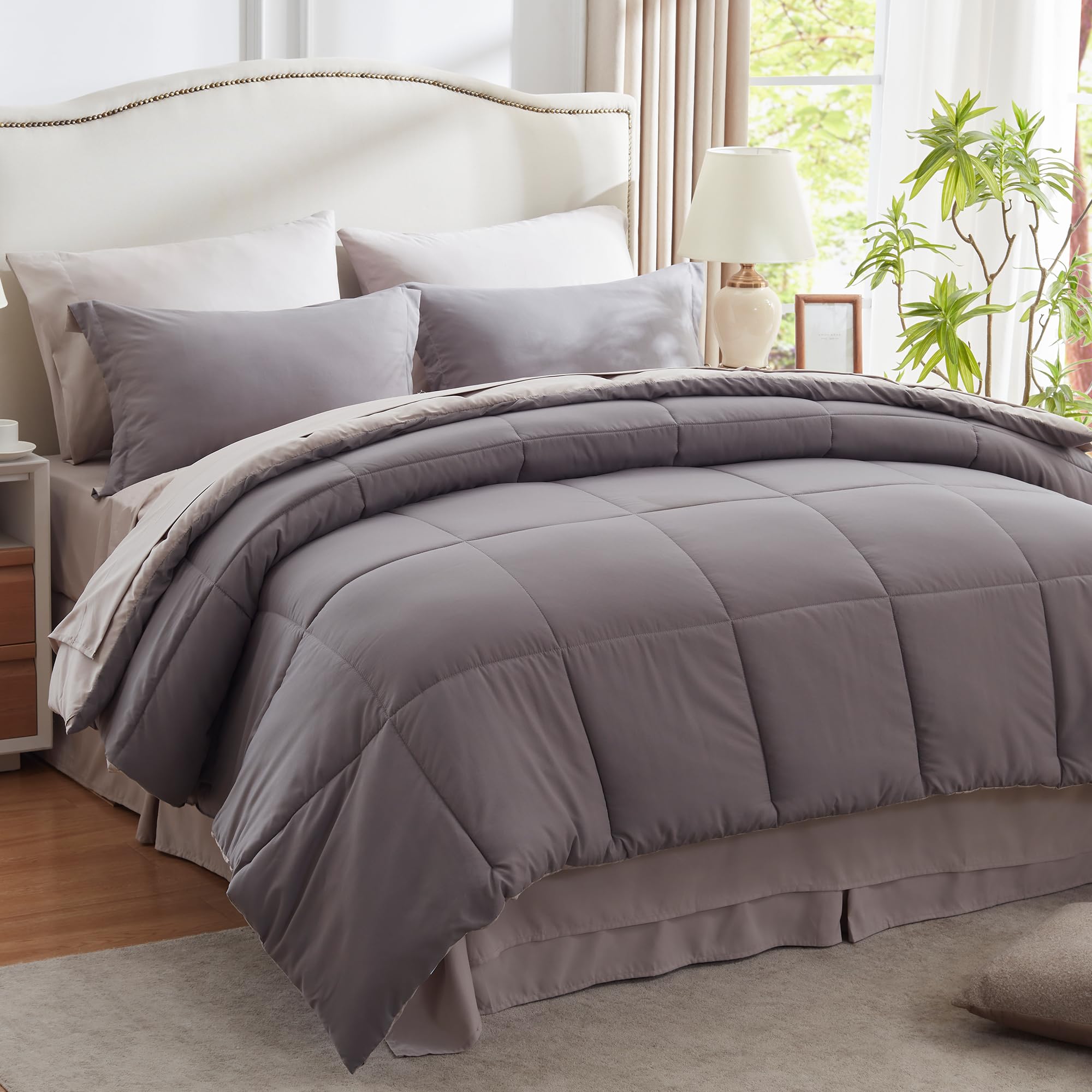 Photo 1 of NexHome Twin Comforter Set- Bed in a Bag 6 Piece All Season Dark Gray Twin Size Bedding Sets with Comforter, Flat Sheet, Fitted Sheet,Bed Skirt, Pillow Shams and Pillowcases-Dark Gray/Light Gray