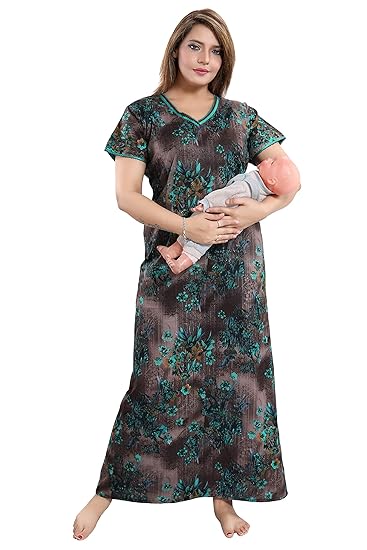 Beautiful Flower Print Feeding/Maternity Cotton Nighty/Night Gown(Size:Free Length:55