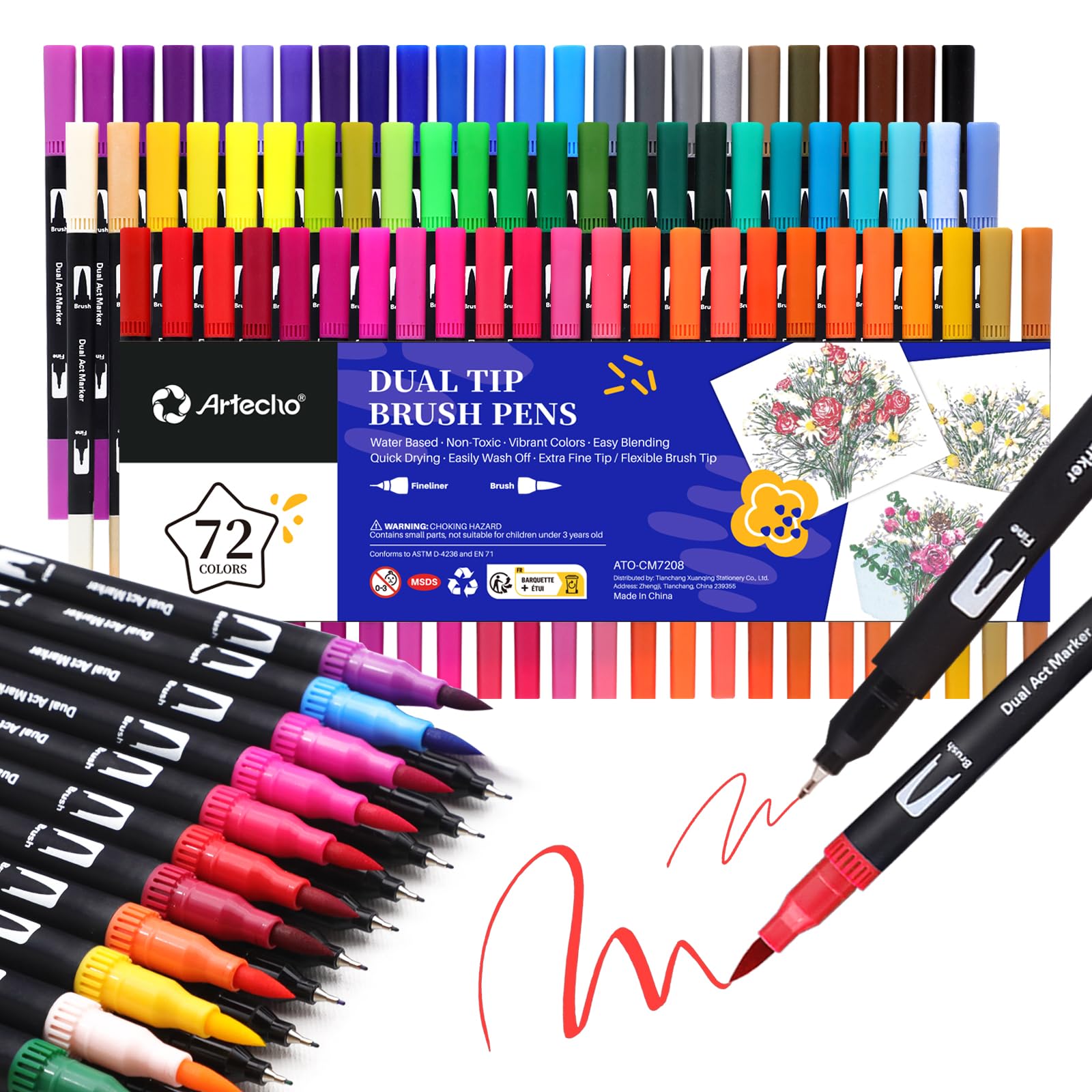 Artecho Dual Tip Colouring Pens, 72 Colours, Fine Felt Tip Pens, Drawing Markers, Brush Pen Set Suitable for Adult Colouring Books, Calligraphy, Drawing and Sketching - Art Supplies for Women and Men