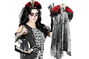 BASEMMAHER Mexican Day of the Dead Rose Flower Veil Headband Floral Lace Crown Red Black Flower Dead Skull Headpiece for Women Girls Halloween Masquerade Party Cosplay Costume